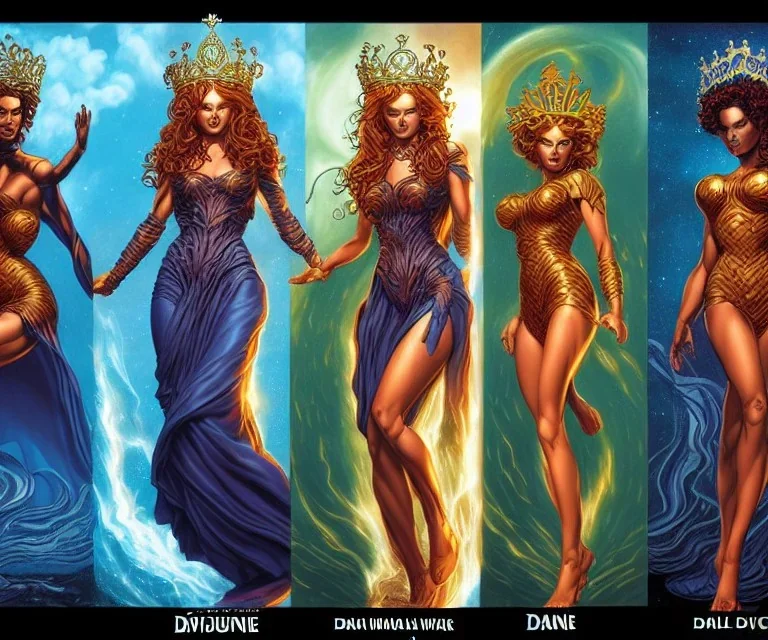 Four doll divine representing each one the four elements: fire, earth, air, and water. Mark Brooks and Dan Mumford, comic book art, perfect, smooth elemental galactic space core royalty queens crown.