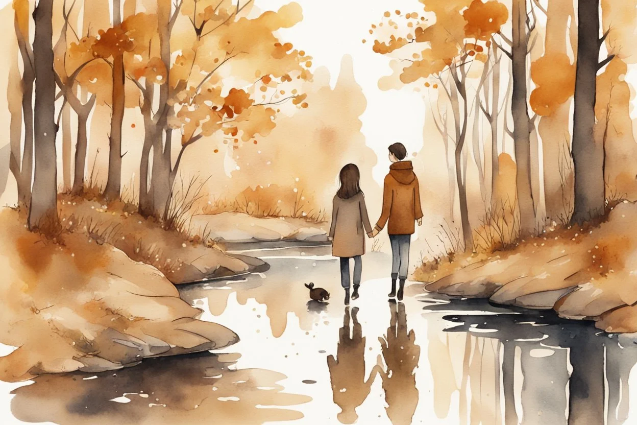 young brunette woman and boy friends walking next to a pond in an autumn forest watercolor and ink in ochre, golden glitters