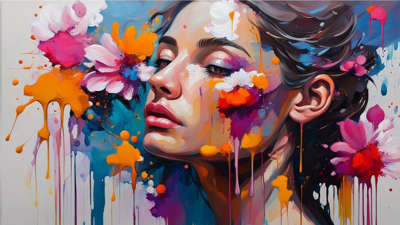 Painting with a dense palette, oil on canvas, hard strokes, paint drips, paint splashes. Woman, flower