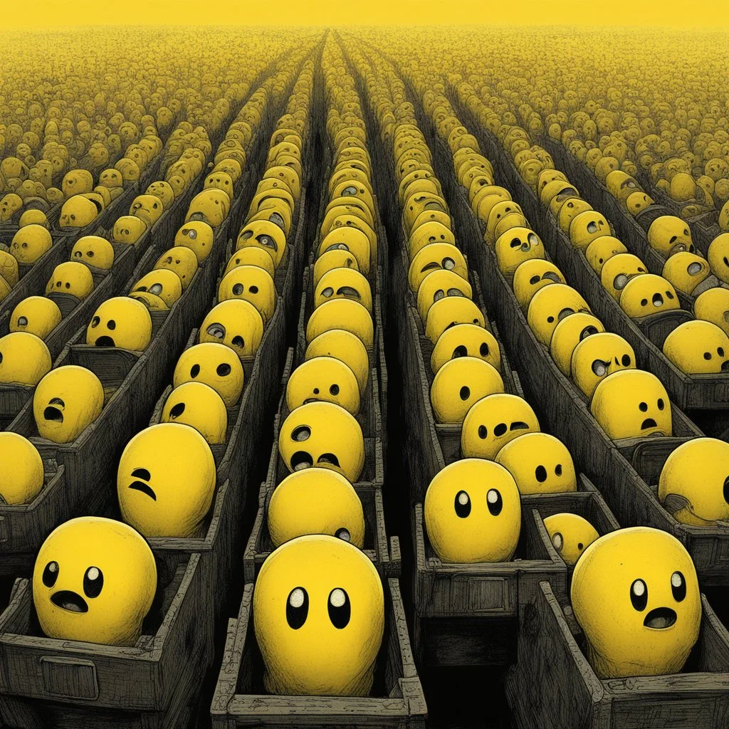 hundreds of anthropomorphic pac-man's strapped to inclined beds being forced to watch HR sensitivity training videos, Iv's attached to heads, horrified frowny expressions, color ink illustration, yellow and black color scheme, dystopian, horror, surreal, gritty by Chris Friel and Zdzislaw Beksinski