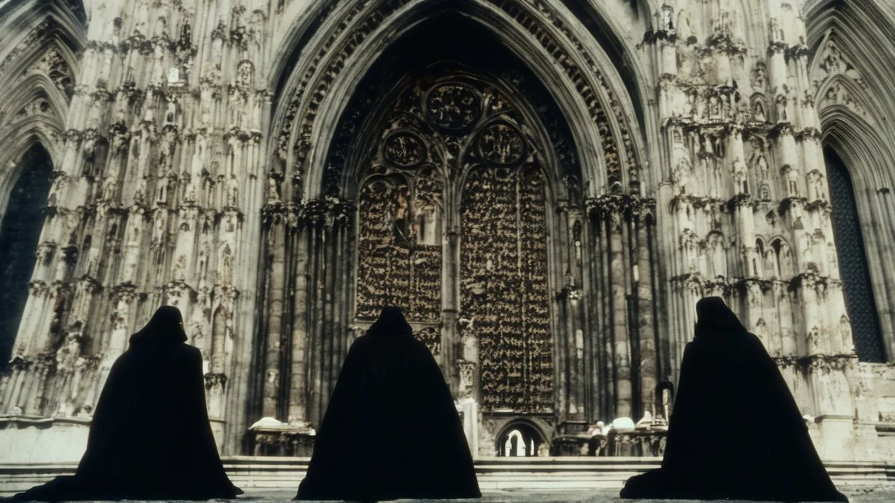 black robed monks standing before a massive cathedral