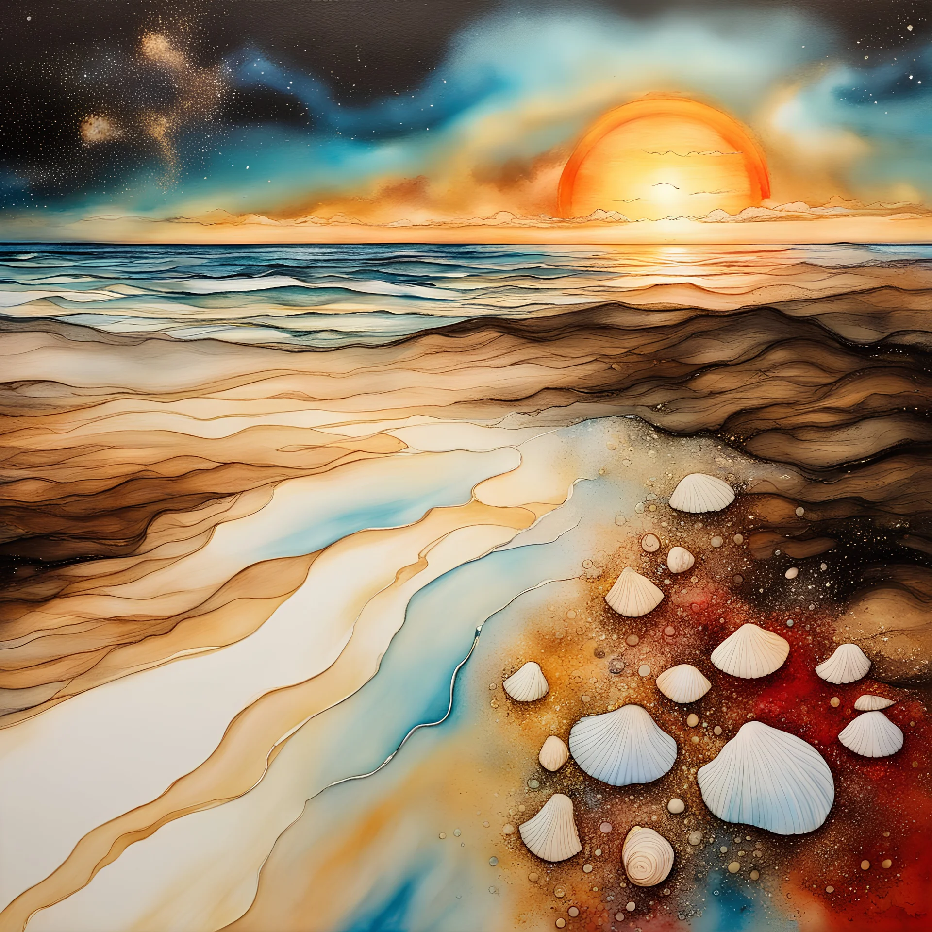 Alcohol ink art with thin black and gold lines at boundaries. Hyper realism, Fantasy, Surrealism, HD, Detailed. Centered. Shades of white, gold, red, and light blue. A beach with fine sand. Very large sun rise on horizon. Reflection. Waves splashing in the night. Seashells. The sky filled with the cosmic wonder of the Milkyway. Starlit night.