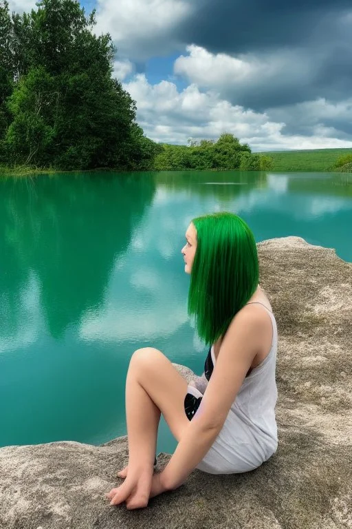 woman sitting on a rock, in a lake, green mottled skin, green hair, blue sky, white clouds