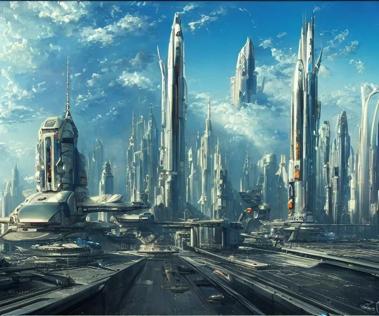 A Spaceship is taking off,Space Center on a heavy industrialized planet with a futuristic city in the background, retrofuturistic, art by John Berkey, buildings with glass facades, brutalist architecture, insanely detailed, vibrant, 8k uhd, cinematic atmosphere, ultra-wide angle, street level view, brush strokes, blue sky with clouds, sharp focus