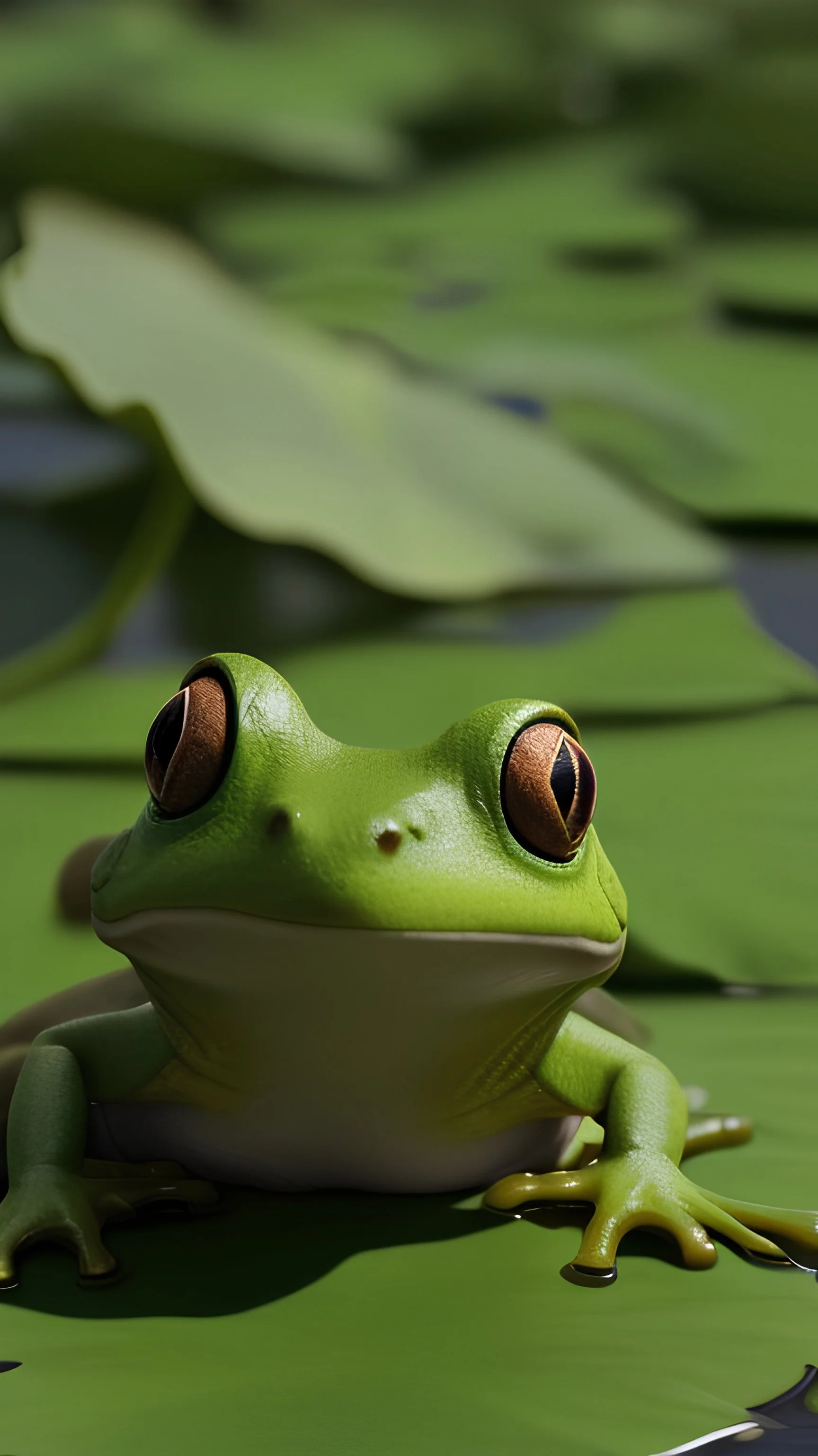 little_boy,frog headgear,green clothing, lotus,standing on a huge lotus leaf,masterpiece,renderer light,highest quality,4k