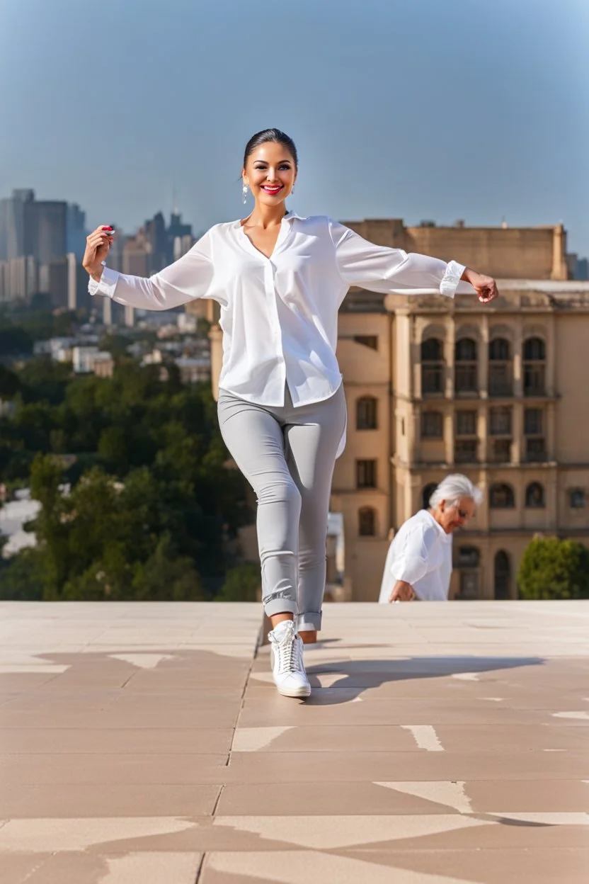 full body of very beautiful girl wearing pants and bluse ,white gray hair ,standing idle happy pose in studio pretty makeup