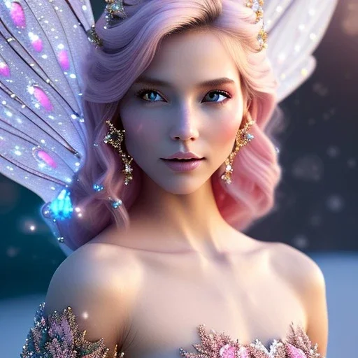 enlighten, light pink pink colors, beautiful portrait of happy blonde bright fairy with wings, crystals, blue silk dress, winter landskape, depth of field, 8 K, fantasy