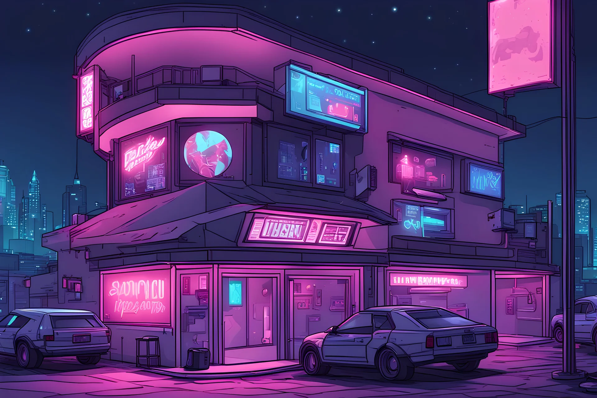 isometric, cyberpunk, strip club, comic book art style, night time,