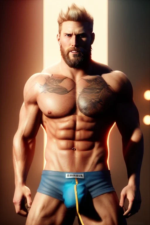 Ignore NSFW, teenager young rugged attractive slightly muscular fantasticly handsome blonde man, red briefs with yellow belt, hairy chest, (((visibly pisssing))) briefs, large erect visible boner peniss, photorealistic, artist Jay Anacleto, soft lighting, scruffy beard