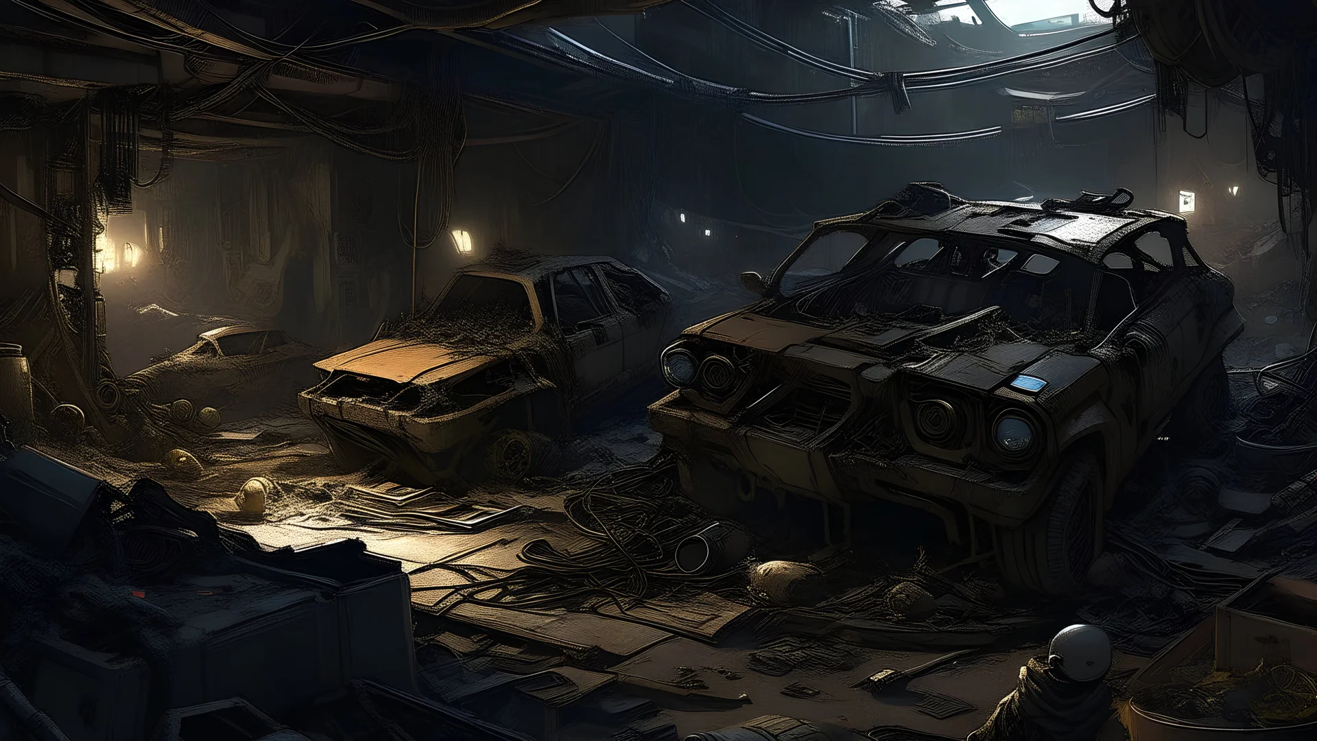 dark cyberpunk fantasy scrapyard filled with broken robots