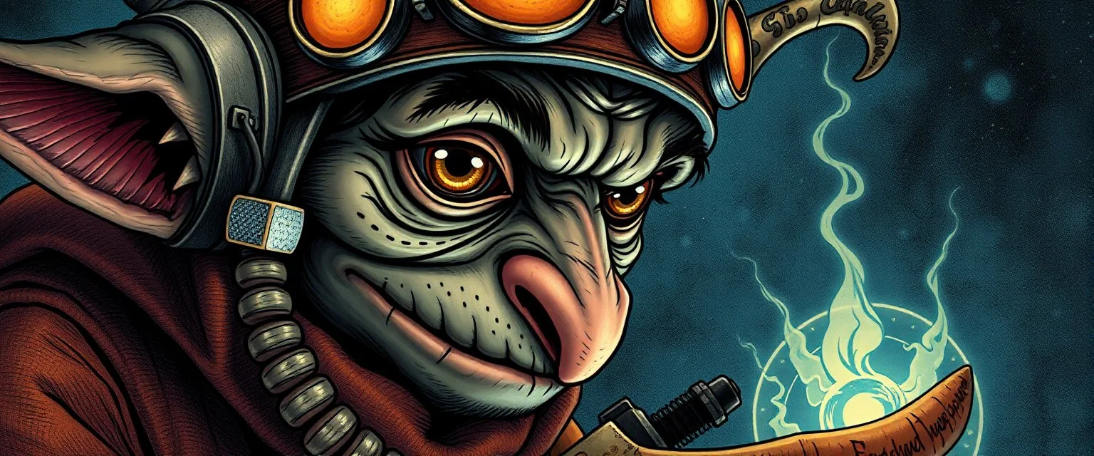 the fool from major arcana, close up portrait of dj magic kobold gremlin farmer pilot looking down on cam, with background in the style of escher and giger, a chill contrapunctus fugue in the style of fsol, beethoven,