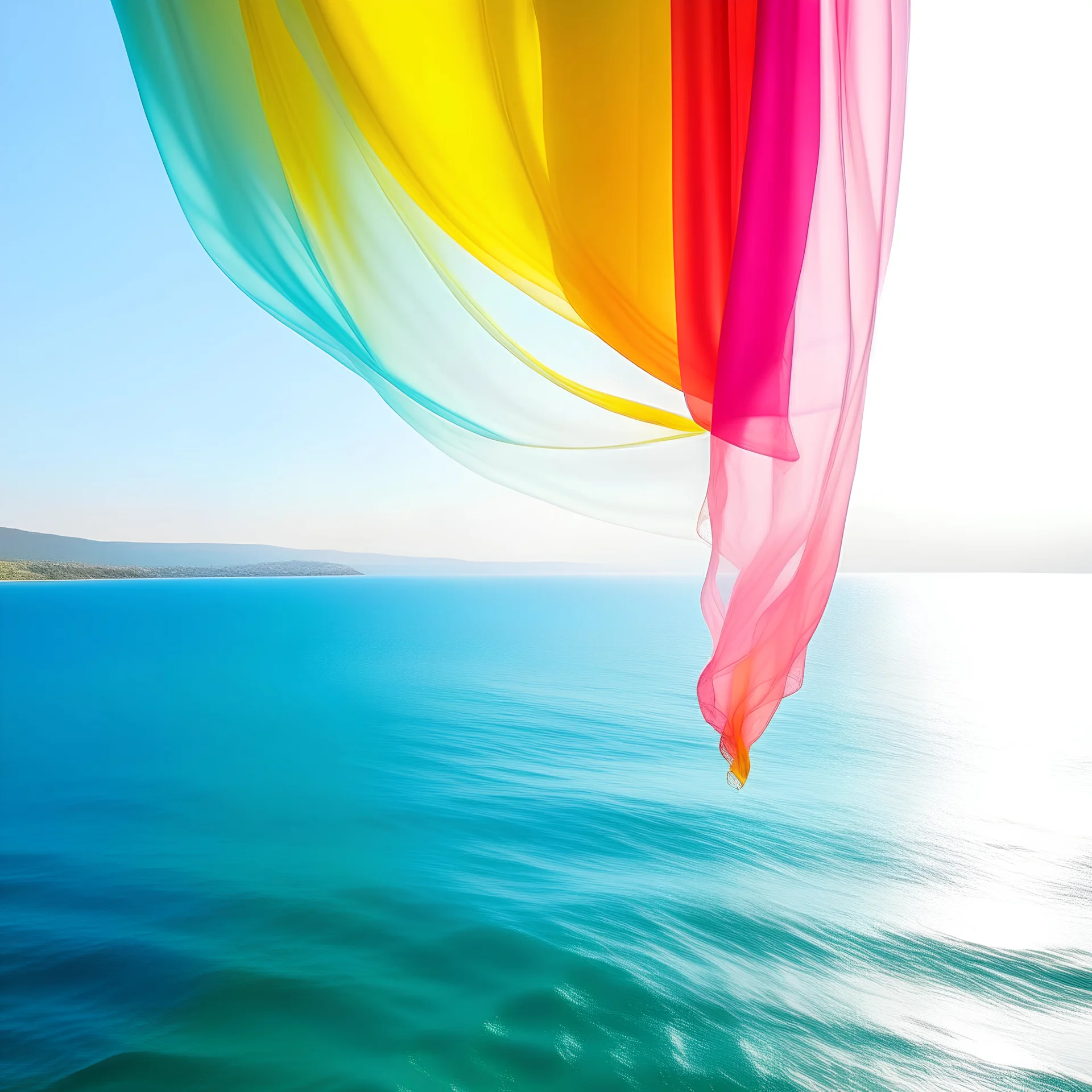 A white curtain above the sea, turquoise, pink, orange, yellow, wind blowing, moebius style
