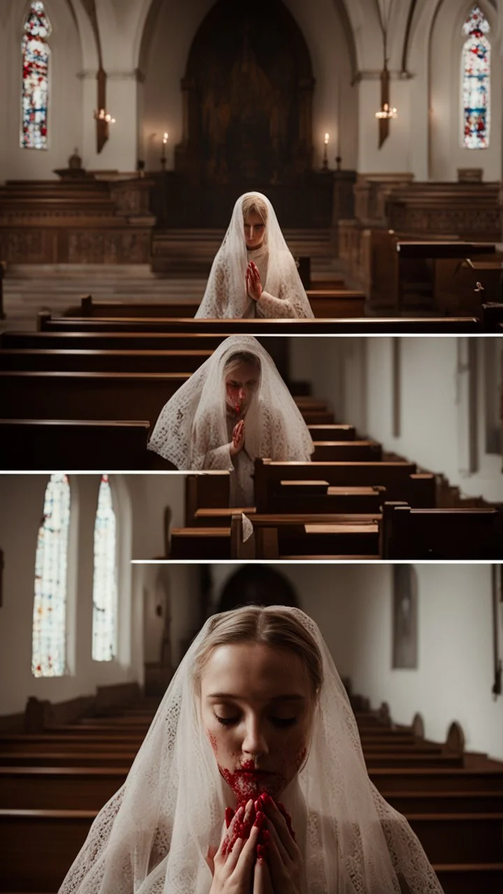 girl alone wearing lace veil with blood on it praying in church.cinematic.