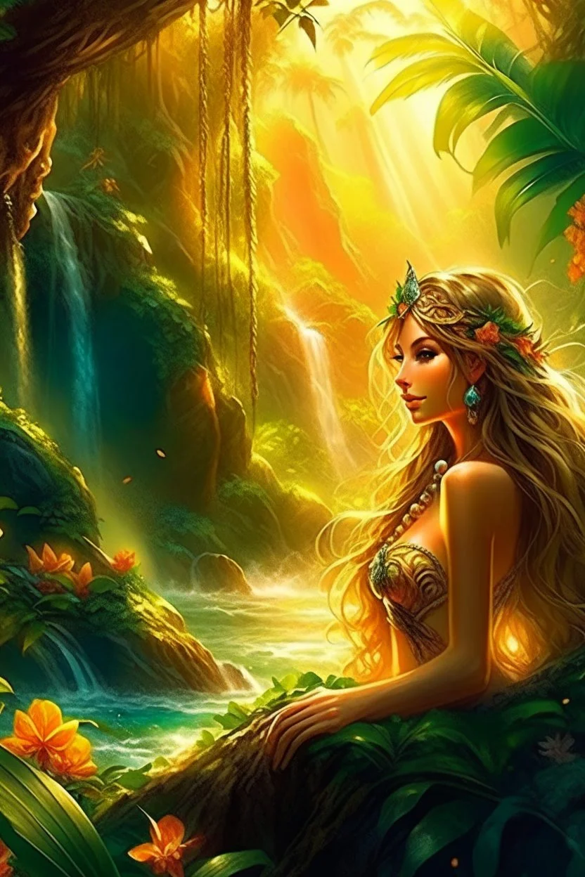 A captivating image of a graceful, powerful and mysterious woman who's husband is devoted to inside trading, which appears to be on fire, as her wavy locks flow in a flowing tropical jungle-waterfall breeze. She wields a beautiful bow, decorated with intricate embellishments and graceful designs. The sunlight casts long shadows, emphasizing the delicate beauty of the woman and evoking a sense of mystery and connection. The shallow depth of field isolates the woman and the desert environment