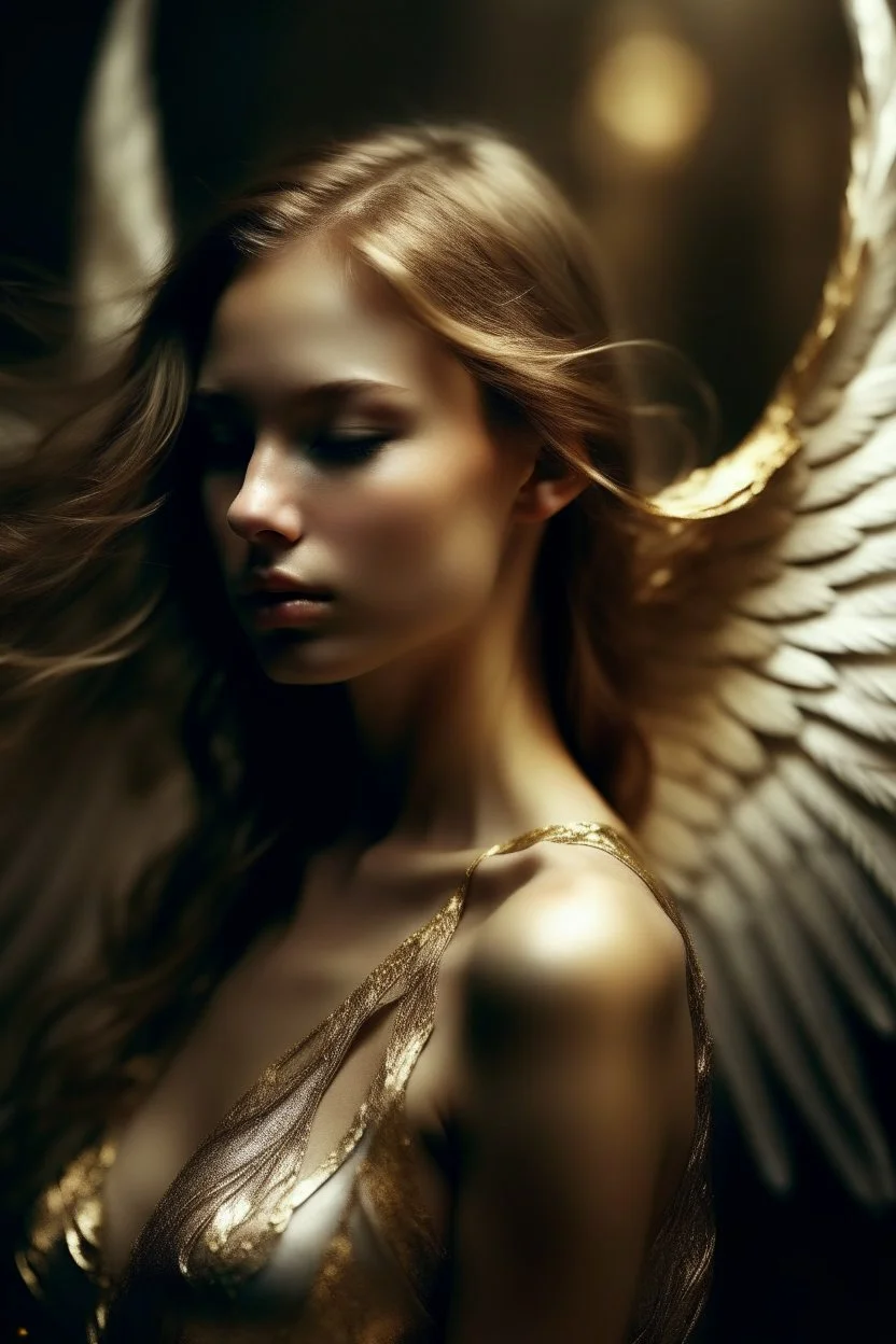 beautiful woman wings angel silver gold air