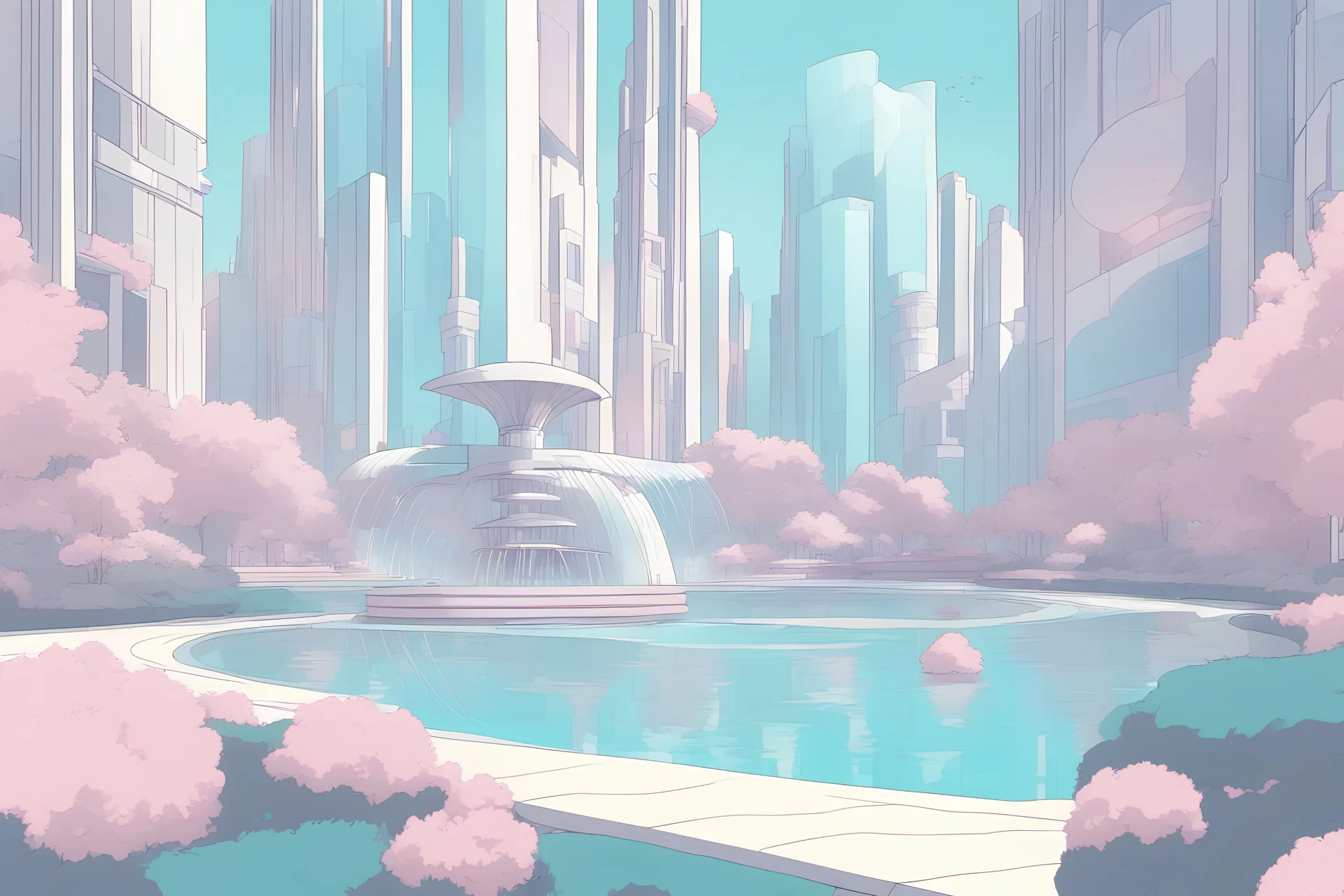 in a futuristic city, very modern with bright pastel colors, fearful, magnificent buildings with fountains and ponds.