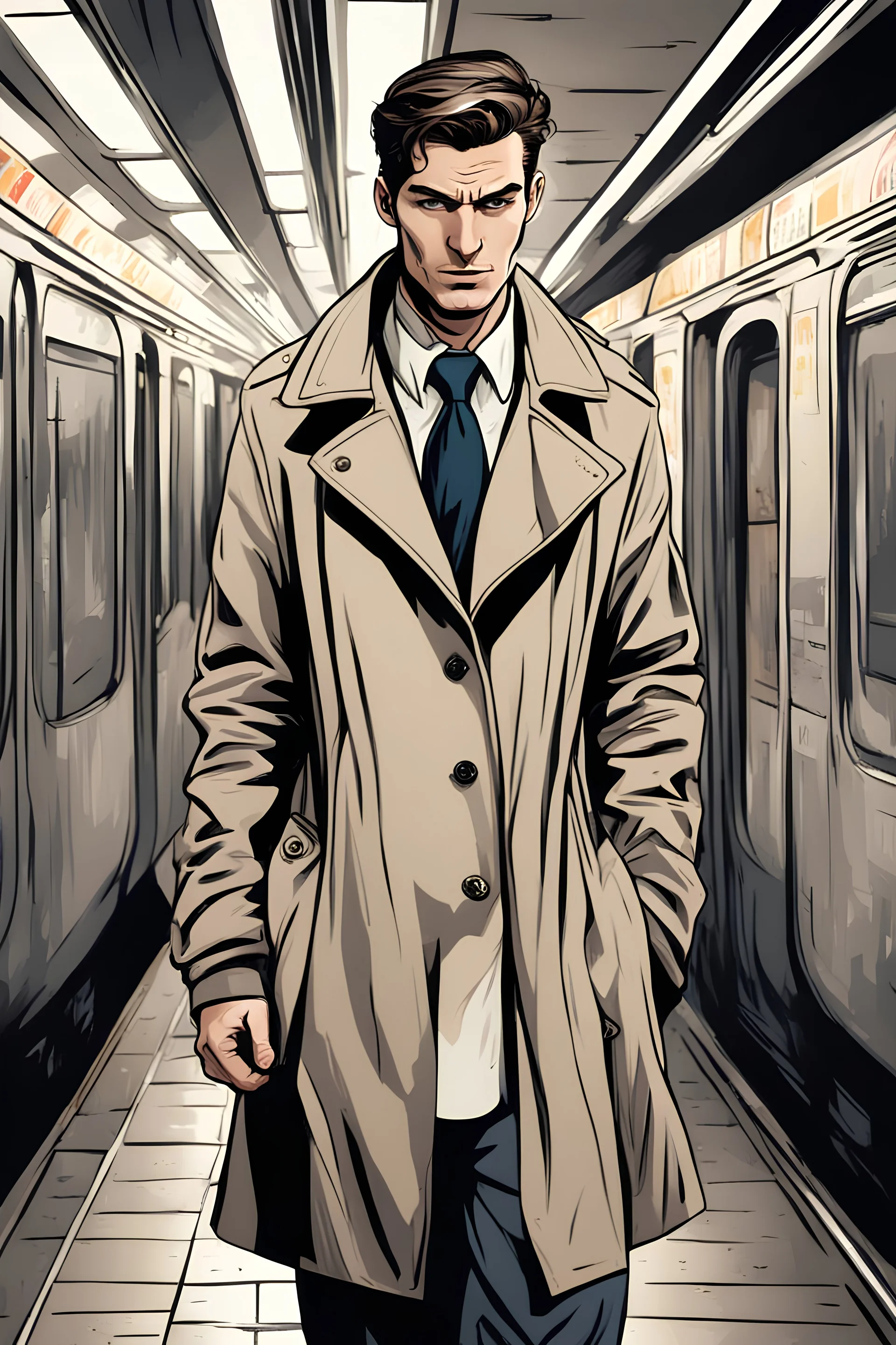 A handsome European man wearing Trench Coat walking onto Subway comic book style