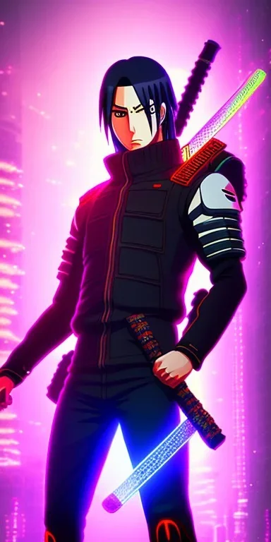 Itachi (Naruto), with cyber glowing swords, cyberpunk, full body, realistic, intricately detailed, neon lighting, vivid colors, neon, 64k