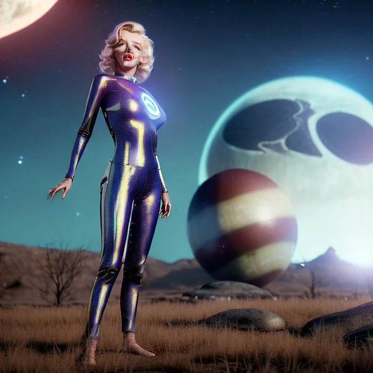 Realistic movie image, retro sci-fi, portrait, blonde action woman, sweet Marylin Monroe face, perfect iris, glow eyes. tight latex tights suit, retro sci-fi weapon. strange planet, two moons background. epic style, vibrant color, highly detailed, unreal engine 5, ray tracing, RTX, lumen lighting, ultra detail, volumetric lighting, 3d, finely drawn, high definition, high resolution.