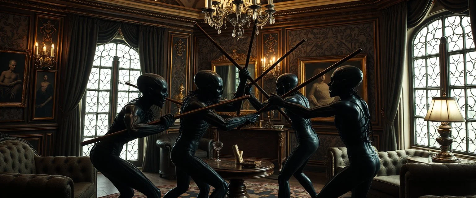 Lotsa goths pushing each other with sticks in dramatic scene in luxury parlour in the style of Giger and Escher