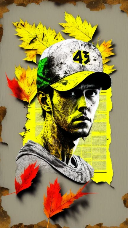 background old, cracks, yellow, torn canvas, gouache, double exposure, man, baseball cap, 40 years old, fine drawing, blots, newspaper scraps, leaves, green, autumn, city, branches, red rowan berries, 8K, double exposure