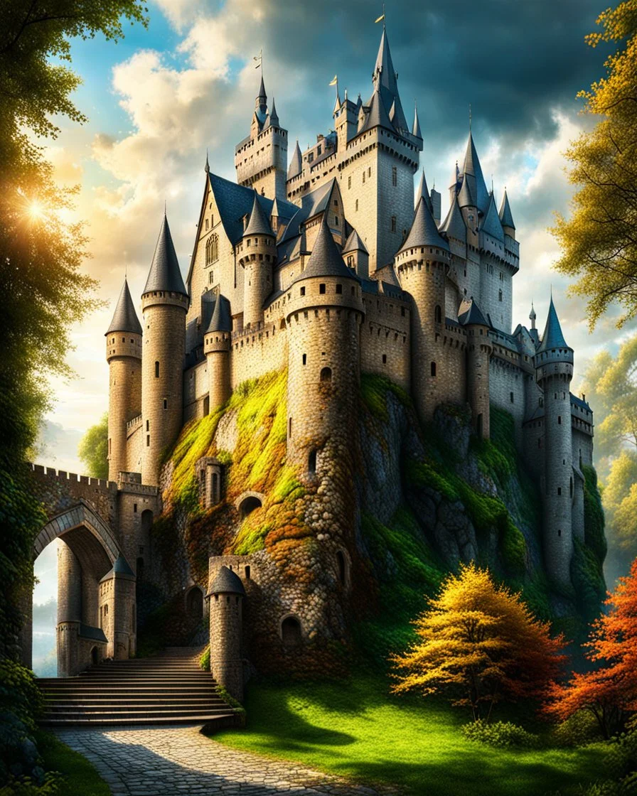 Arte grafiti Beautiful imposing medieval castle majestic ultra hyper detailed validity 12k