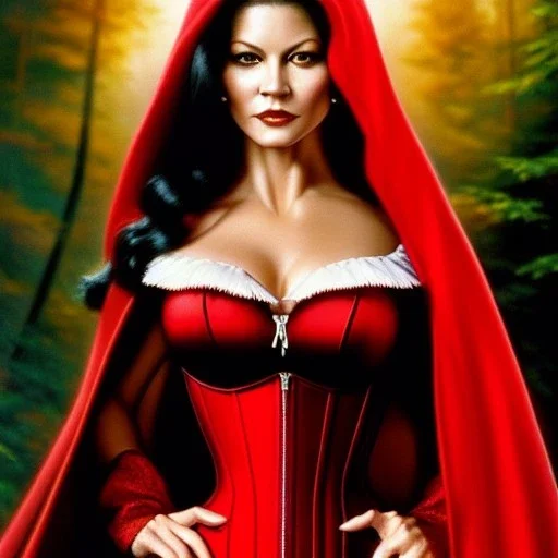 Ultra detailed fullbody Portrait in oil on canvas of young Catherine Zeta Jones as busty Red Riding Hood wearing minimal skintight suit,intense stare,wearing tight corset,extremely detailed digital painting, extremely detailed face,crystal clear Big eyes, mystical colors ,perfectly centered image, ,perfect composition, rim light, beautiful lighting,masterpiece,16k, stunning scene, raytracing,anatomically correct, in the style of robert e howard and Ken Kelley and Ohrai Noriyoshi and Simon Bisley