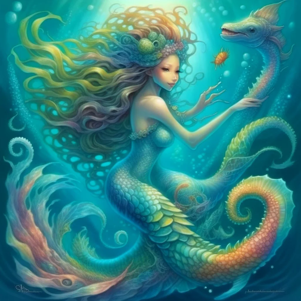 luminescent. mystical, mermaid with long curly fancy flowing tail an hair. Riding a seahorse with a happy face and a swirly main, all in pastel coors, Marine life Background. perfect facial features. Hyperdetailed, dreamlike.