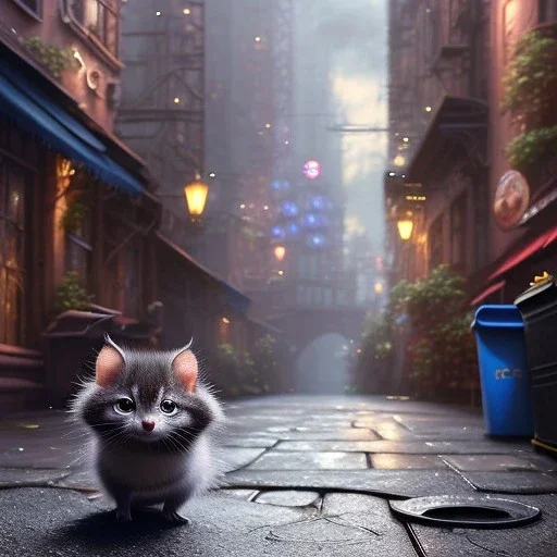 pixar style, volumetric New York back alley with steel garbage can environment and background, realistic painting of a cute Munchkin black kitten on the ground, looking excited, detailed digital painting, extreme dense and fine fur, anime, ornate, colour-washed colors, elegant, small minutiae, particulars, centered, smooth, sharp focus, renderman gofur render, 8k, uhd, detailed eyes, realistic shaded volumetric lighting