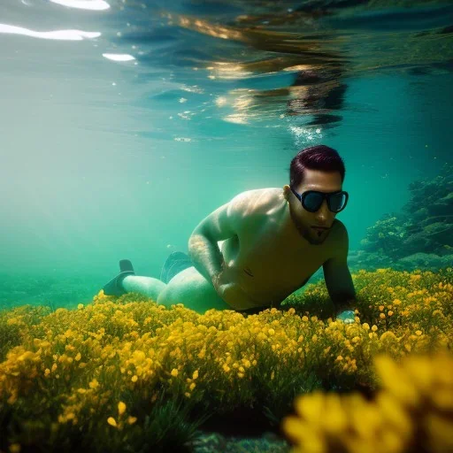 Erol Evgin underwater with yellow flowers for hair, closed eyes, rtx, reflection, 8k, glow, winning photography, caustics