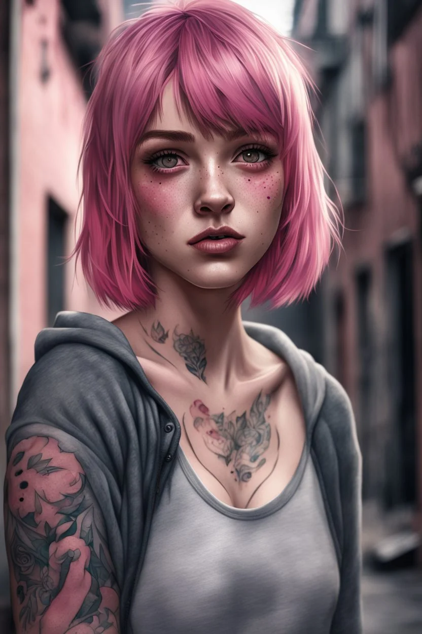 1girl, hoodie, arm tattoo, portrait, asymmetrical bangs, bandaid, short hair, bangs, breasts, freckles, grey eyes, large breasts, looking at viewer, neck tattoo, nose piercing, pink hair, scar, scar on face, solo, tattoo on face, upper body, detailed background, town, alley, dark alley, portrait, hood on head, night, angry, close up, closed mouth, , ((masterpiece)), absurdres <lora:arcane_offset:1>