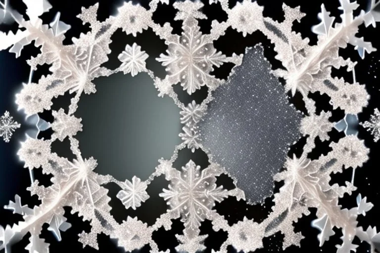 snowflakes, flowers, blur 5%, double exposure, merged layers, silver glitters, in the first part (near to us) of the picture you can see a plain sandblown smoked glass, engraved with a folk art pattern, the glass is cracked in several places, in some places the glass is broken, crumpled burlap, through it you can see a tropical rainforest with a waterfall, mist, tooth, sunrise