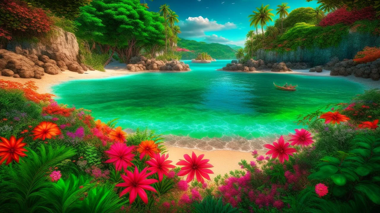 private tropical island, flowers, beach, gems, trending on artstation, sharp focus, studio photo, intricate details, highly detailed, gemstones decorating a lagoon