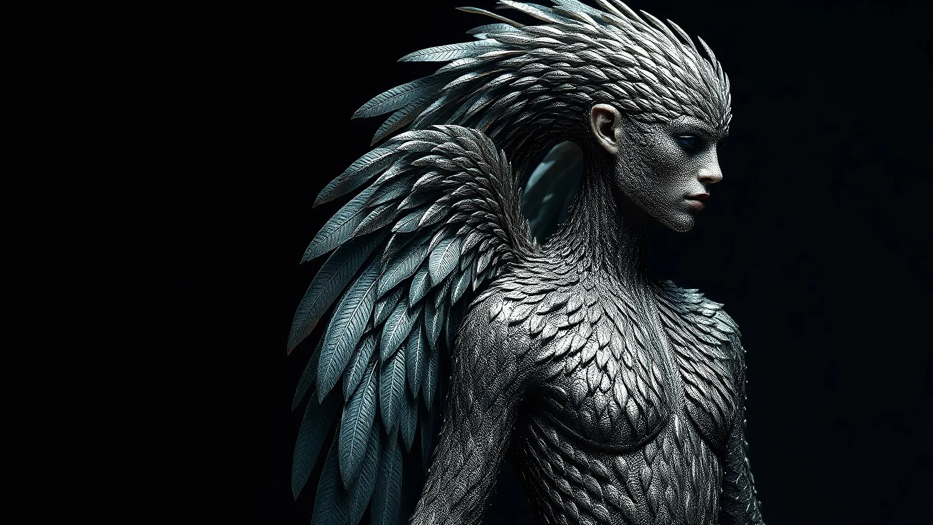 híbrido humano con cuerpo cubierto de plumas metálicas