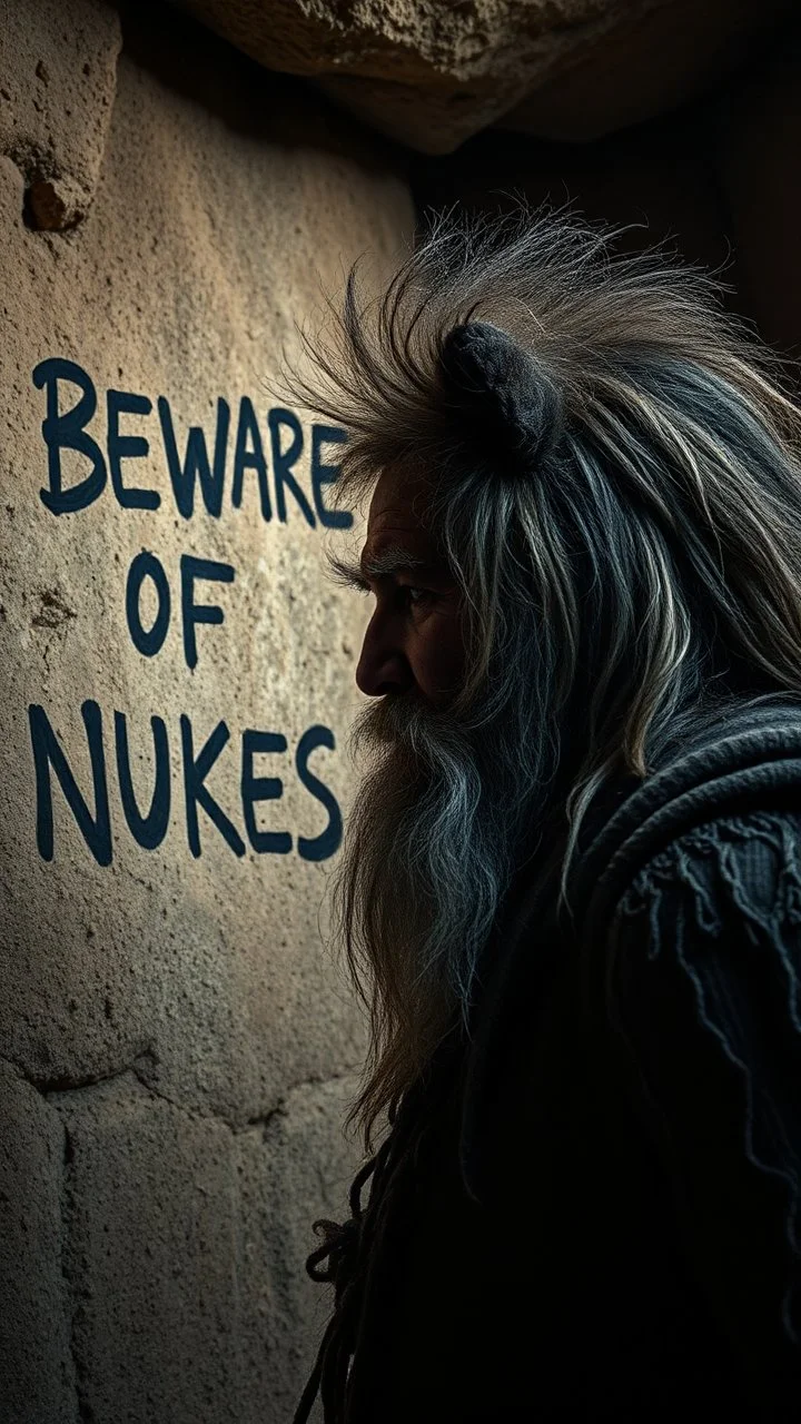 A hand writing On cave wall written “ BEWARE OF NUKES ” an old man with bear and king hair died by the cave wall , a dim lighting great quality picture with primitive style