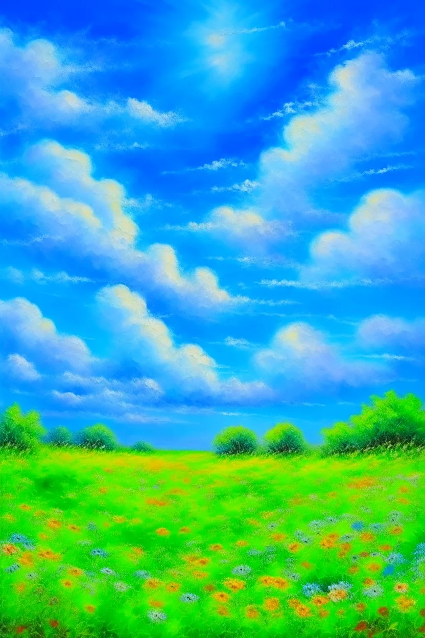 impressionism nature peace communication compassion tranquility blue sky meadow fluffy clouds flowers monet