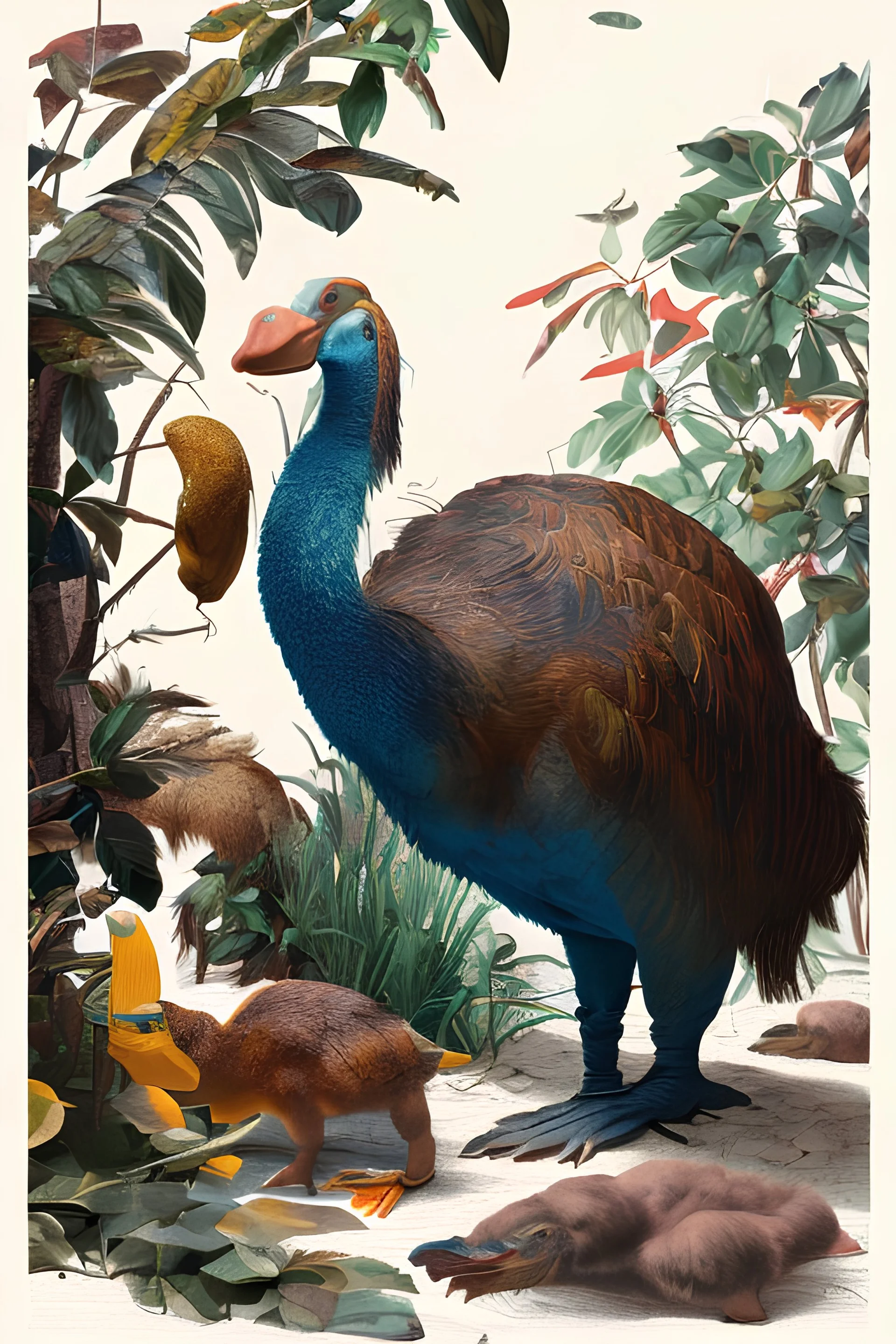 John James Audubon-like illustration of a fully uncropped Dodo bird and a Platypus in a landscape of warm yellows, warm reds, and warm blues