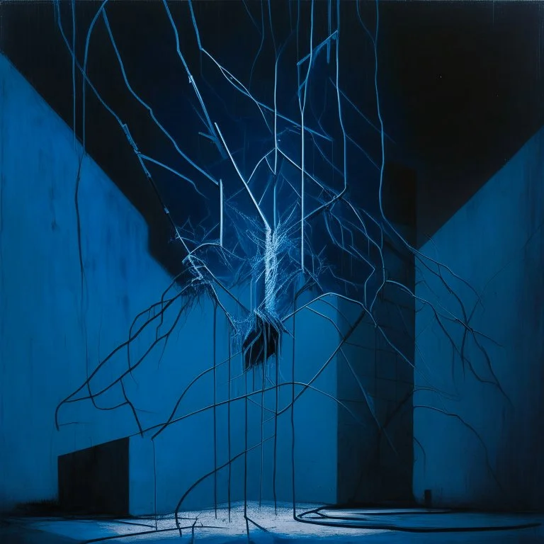 Minimal abstract oil painting of a large falling person limbs sinew. Amongst concrete fragments brutalist architecture and hanging wires illuminated at night. Blue In the style of Bisley