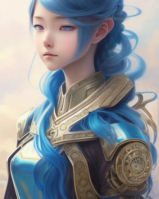 Detailed anime child girl, blue hair, dragon scale armour, intricate details, full body portrait, keep head in frame, slight smile, black Japanese motif, concept art, highly detailed, digital painting, concept art, sharp focus, illustration, art by Yoji Shinkawa, WLOP and greg rutkowski and alphonse mucha and artgerm and yanjun Chen and Junji ito and Makoto Shinkai, HDR, octane render, dark background