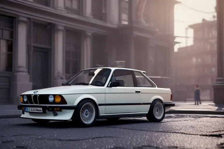 a 1990 bmw 2-door 4k ,ultra realistic,concept, 4k ,on street, parked in crowded city