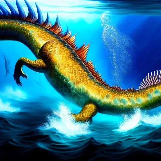 ultra detailed fullbody Drawing of Sea Dragon monster underwater , extremely detailed digital painting, intrincate, extremely detailed face,crystal clear Big eyes, in the style of Frank Frazetta, mystical colors , perfectly centered image, perfect composition, rim light, beautiful lighting, 8k, stunning scene, raytracing