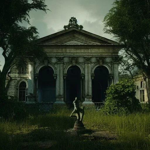 Abandoned baroque building, overgrown, statues, atmospheric, realistic, unreal engine, cinematic lighting, octane render.