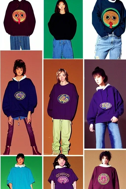 year 1996 denim fashion. Loose fit, "combat pants" with low waist, baggy, Combat pants, t-shirt and street style hoodie. Colors: denim blue, blue, purple, khaki, light green, lilac, plum, orange, terracotta, red, pink, dark blue, beige. Women models. Patterns: owl, Sturnus vulgaris pattern prints.Jennifer Lopez, Gwyneth Paltrow, . Big tennis shoes on. Cargo pants.