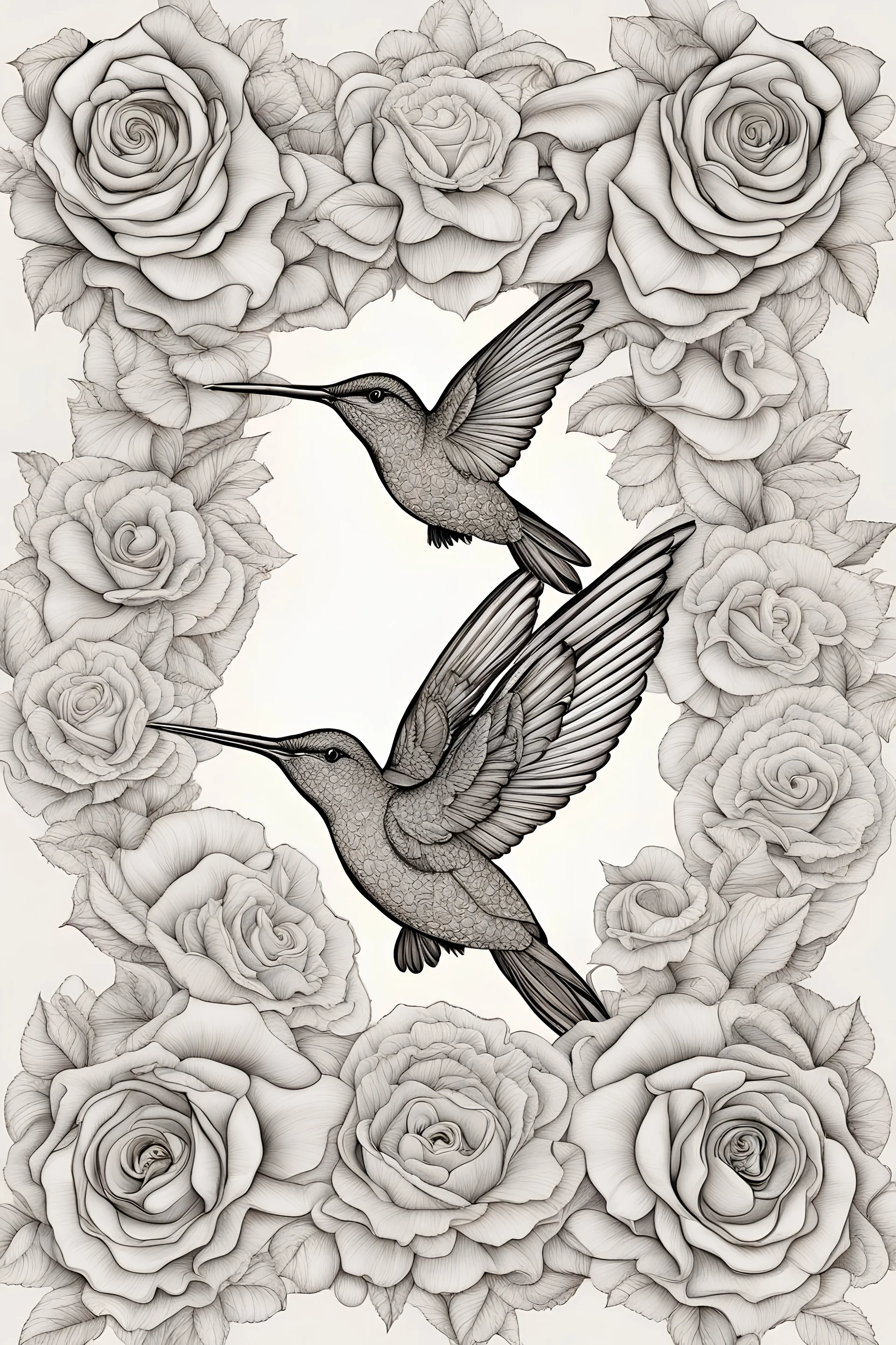 Mandala of blooming roses coupled with hummingbird details, mature coloring artwork, contour, vector, clean line art, white background, detailed, black and white, in the style of kalamkari design