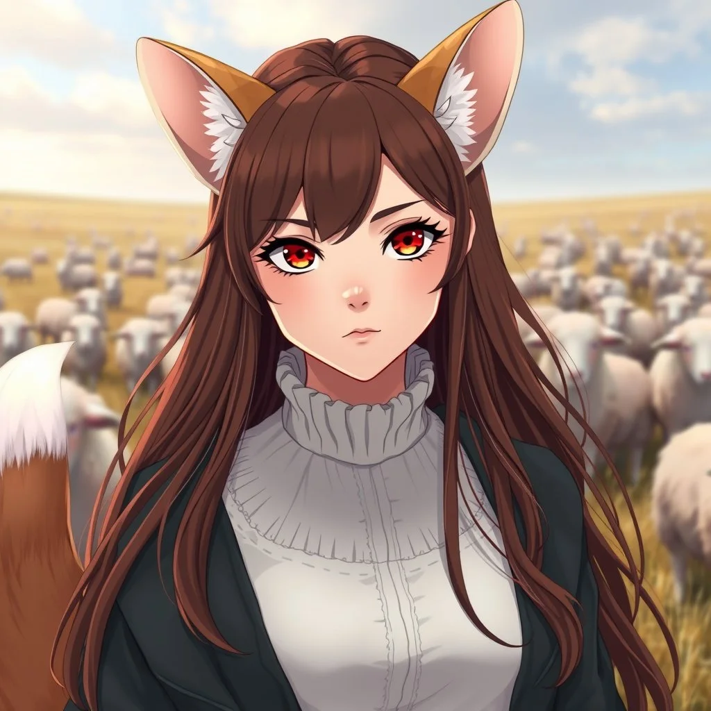 an arrogant, confident young woman with long brown hair, red eyes, pale skin, corgi ears, a corgi tail, reminiscent of a herding dog, anime style, sheep in a field for the background, intricately detailed, high definition, expressive, 4k, photorealistic