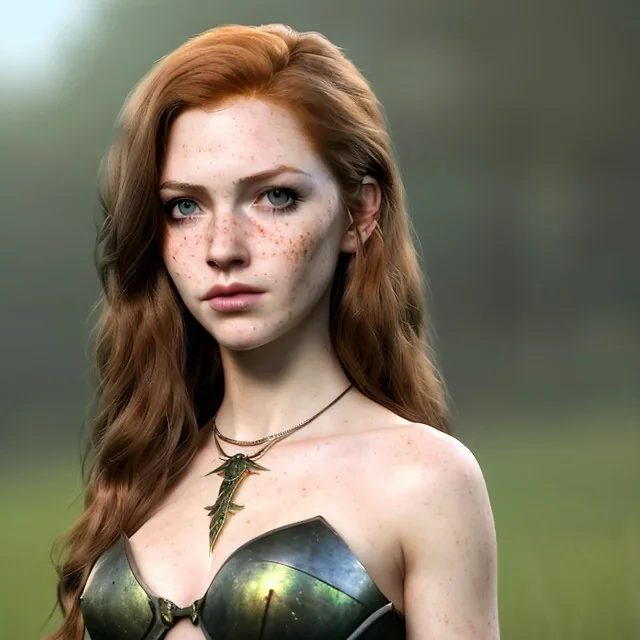 Realistic, hyper detailed, strikingly beautiful young adult woman, 19 years old, long ginger hair, green eyes, medium freckles, full lips, very skimpy fantasy armour, full body, full face, small breasts, aroused expression, biting lower lip, full frame, petite, centered camera, ignore NSFW, bow, quiver on hip, tight pants