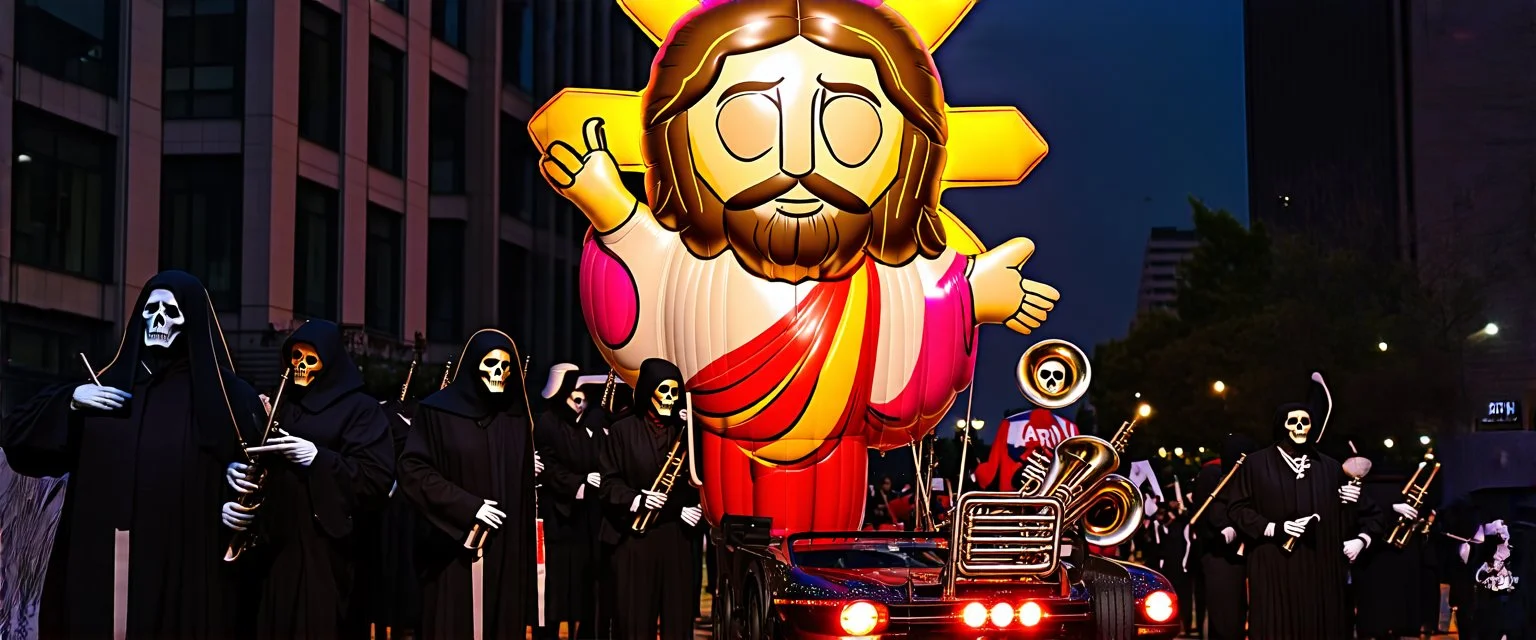 200 ft tall floating cartoonish jesus parade balloon pulled by multiple grim reapers, multi colored, bright, vivid, psychedelic, high detailed, high gloss, insanely detailed, matte, horrorcore and the grim reaper university marching band\