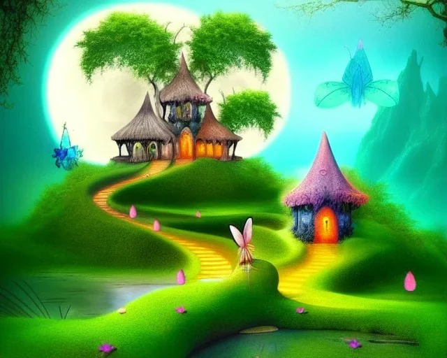 mystical house on a hot tropical island, fantasy art, surreal art, beautiful little fairies sitting on the trees,