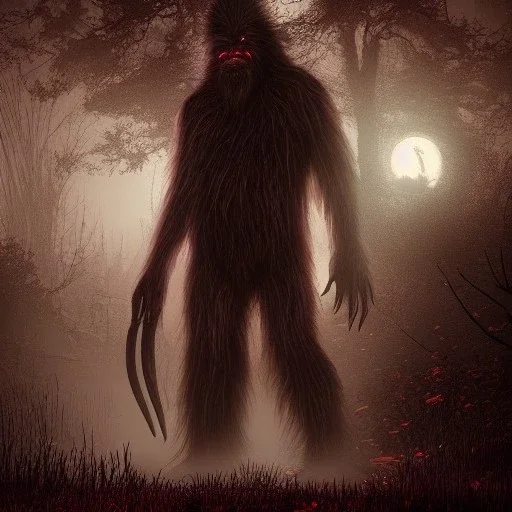 hyper realistic haunting bigfoot beast under the Bloodborne moonlight