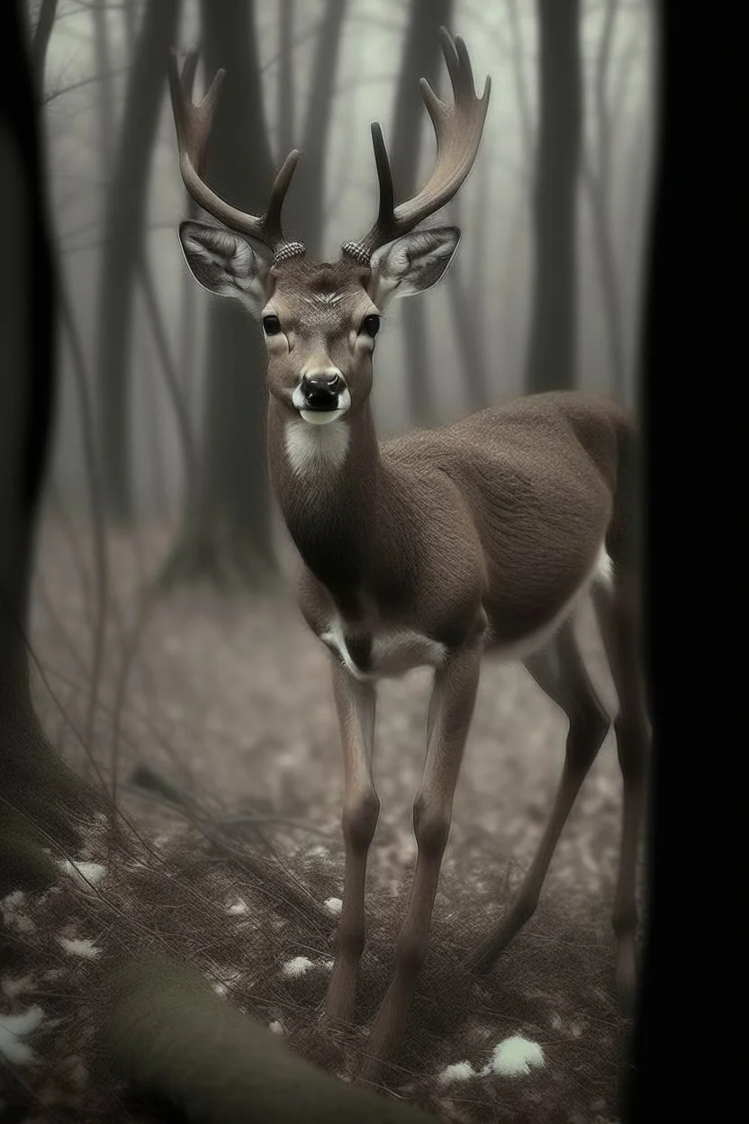 a deer except: . Legs bent backwards . Barrel chested/bloated abdomen . Emaciation . Eyes belonging to unrelated animals . Forward-facing eyes . Jerky movements . Loss of fear towards humans . Tendency to walk on two hind legs . General bodily disfigurement, creepy, found footage